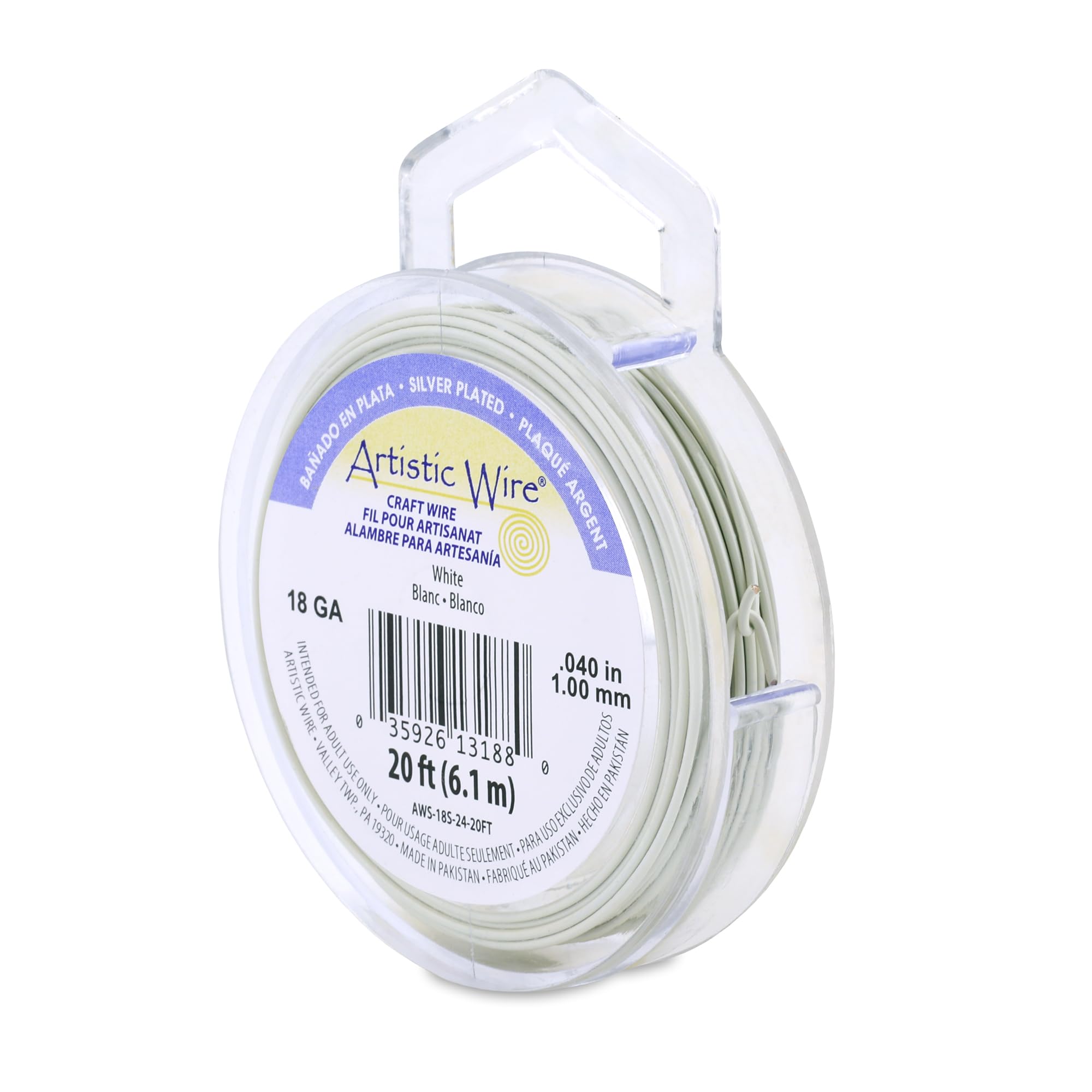 Artistic Wire, 18 Gauge Silver Plated Tarnish Resistant Colored Copper Craft Jewelry Wrapping Wire, White, 20 ft