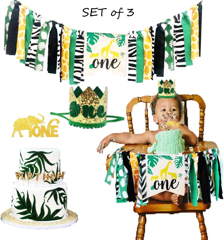 foci cozi Wild One Safari Zoo Animal 1st Birthday Decoration - HighChair Banner,Glitter Crown Hat,Cake Topper for Baby Girls Boys Tropical Party Decorations Photo Prop Cake Smash Supplies (Set of 3)