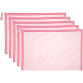 PATIKIL A4 Mesh Zipper Pouch Bags, 5 PCS Mesh Bags with Zipper Plastic Storage Pocket for Organizing File Beads Office Home Supplies, 34x24cm, Pink