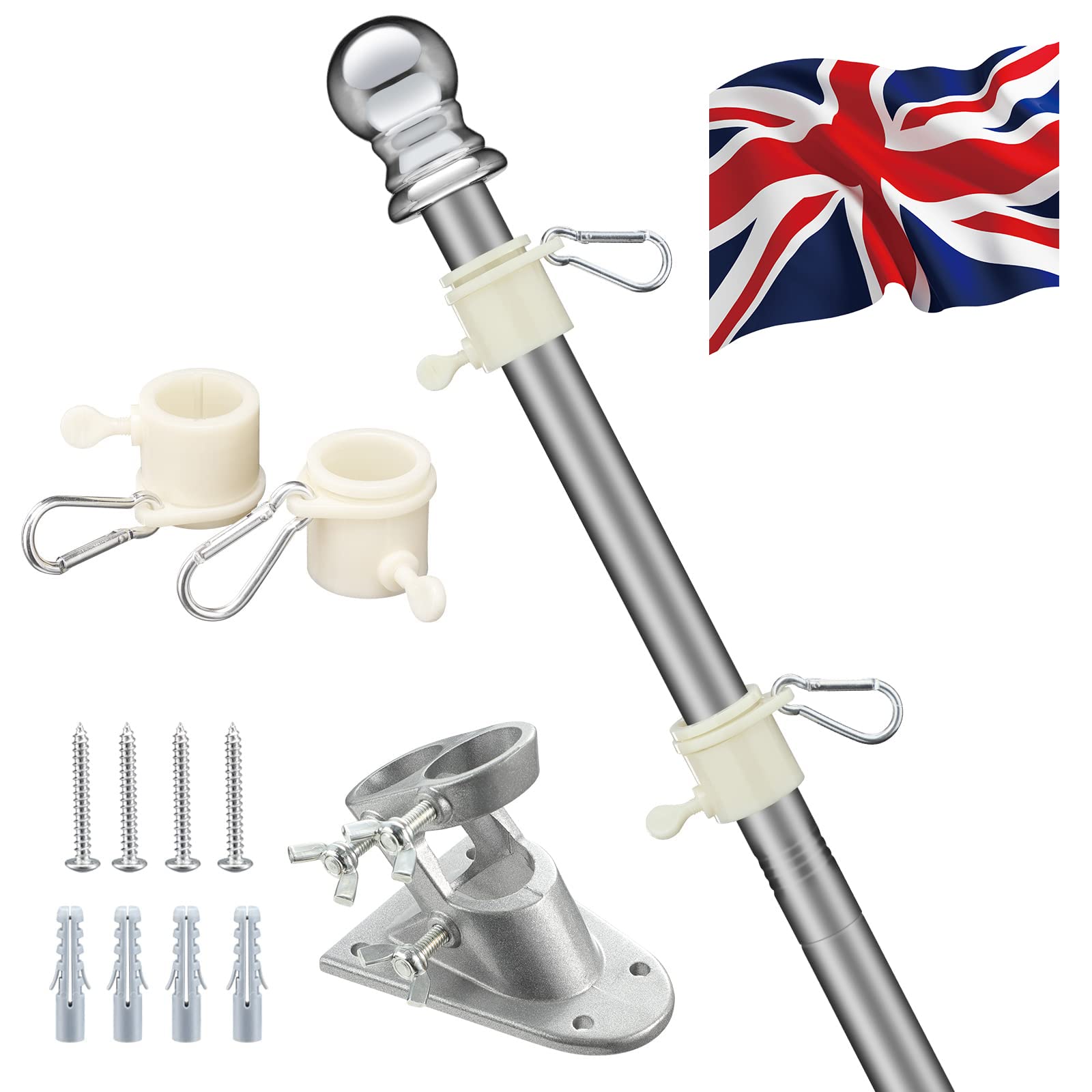 Harrms Flag Pole, Flag Pole Kit with bracket for UK Flag, Heavy Duty Flag Poles for garden outdoors roof walls Yard (6FT with British Flag)