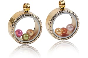 Africanbeads 2PCS 30MM Floating Charm Locket Necklace with 6 Freshwater Pearls,316L Stainless Steel Clear Glass Locket,Small Waterproof Living Memory Pendant for Women(Without Chain)