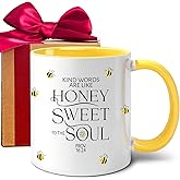 Christian Mug Gift for Bee Lovers - Kind Words are Like Honey, Inspirational Bible Verse Mug Proverbs, Yellow Bee Themed Gifts for Woman, Birthday, Christmas, 11 oz -287