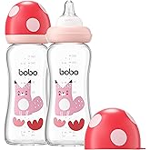 YOHKOH Natural Glass Baby Bottle with Level 2 Medium Flow Nipple, Newborn Anti-Colic Baby Bottles, Wide Neck Mushroom Baby Glass Bottle (8.8ounce (Pack of 2), Red2)
