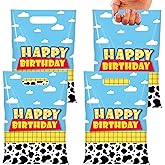 Ragnhild 50 Pcs Cartoon Story Birthday Party Favor Bags, Cow Pattern Goodie Treat Bags Party Supplies, Blue Sky White Cloud Plastic Candy Gift Bag with Handle for Kids Birthday Decorations