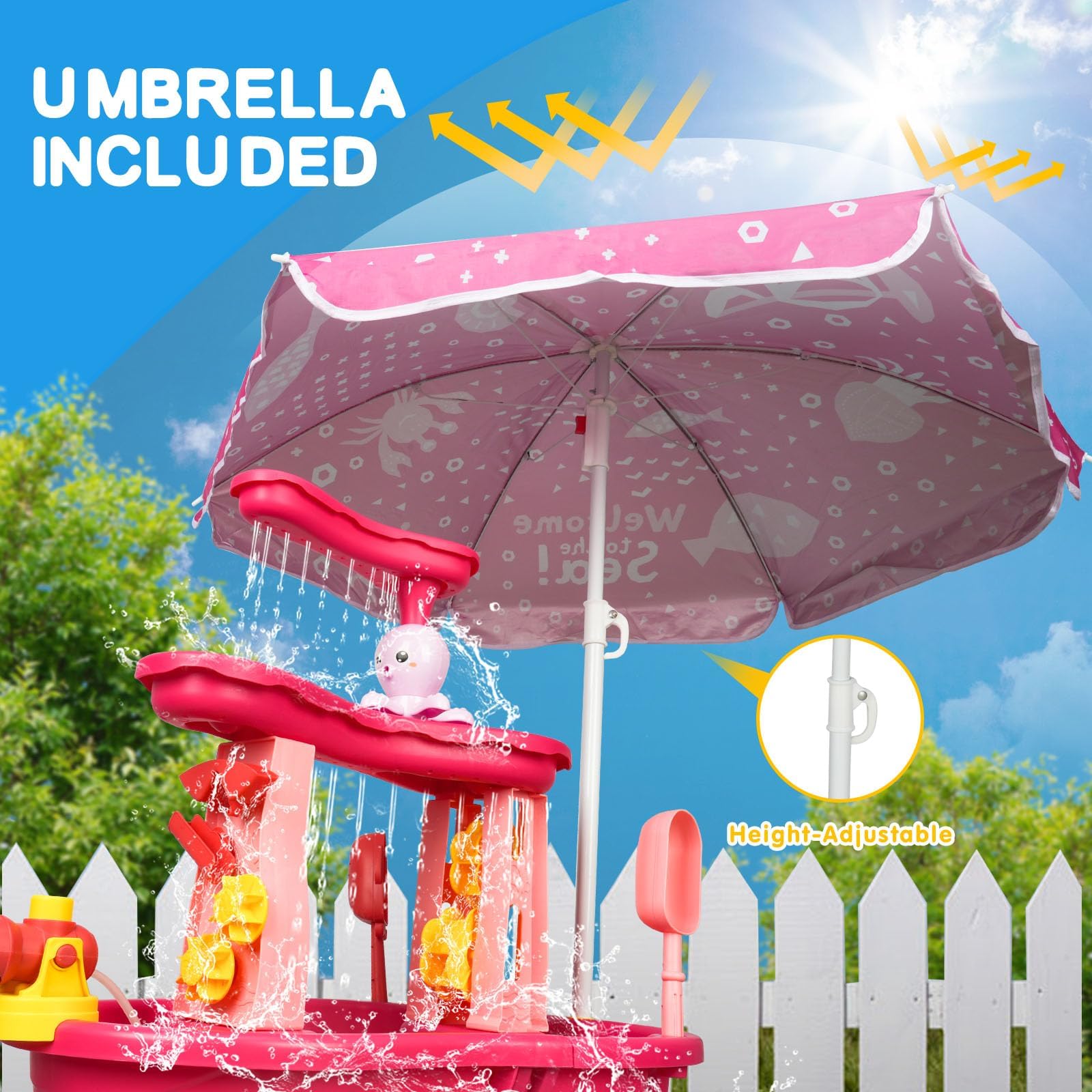 Condition photo showing As Is for auntyfey water table for toddlers 1-3-5, kids toddler sand table with umbrella, kids water table for