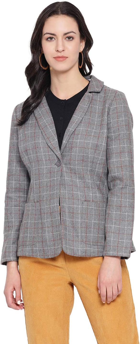 oxolloxo Women's V Neck Wool Long Sleeve Checkered Blazer (Multicolor)