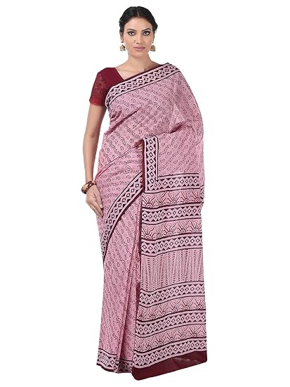 Finest Quality Cotton - Handmade Pink Bagh Print - Block Print Saree with Blouse Piece