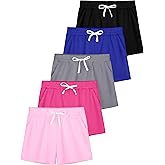 QWE 5 Pack Girls Shorts Athletic Soccer Running Performance Active Dry-Fit Sports Basketball Shorts with Drawstring Pocket