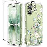 GVIEWIN for iPhone 17 Case, with Screen Protector+Camera Lens Protector, [NonYellowing] Clear Floral Slim Shockproof Protective Hard PC Back Women Phone Case for iPhone 17 6.3", Aquilegia/White