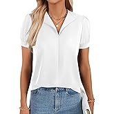 Rooscier Women's V Neck Puff Short Sleeve Casual Business Work Blouse Top Shirt