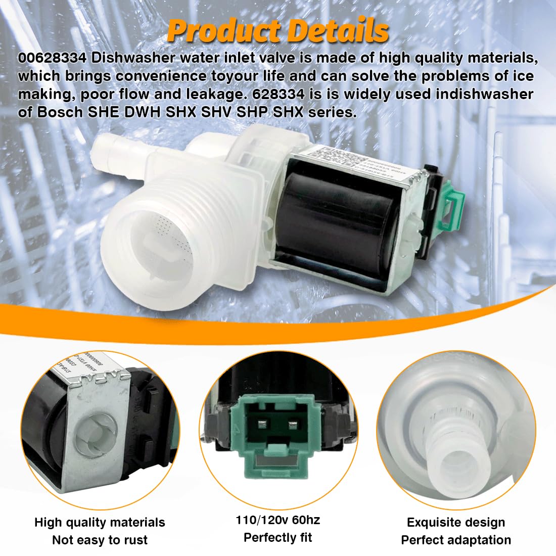 628334 OEM Dishwasher Water Inlet Valve 00628334 for Bosch Thermadore Dishwasher 10023852 9000655808 AP5691117 PS8729241 AP7193108 Part Updated Fix E15 Error Codes