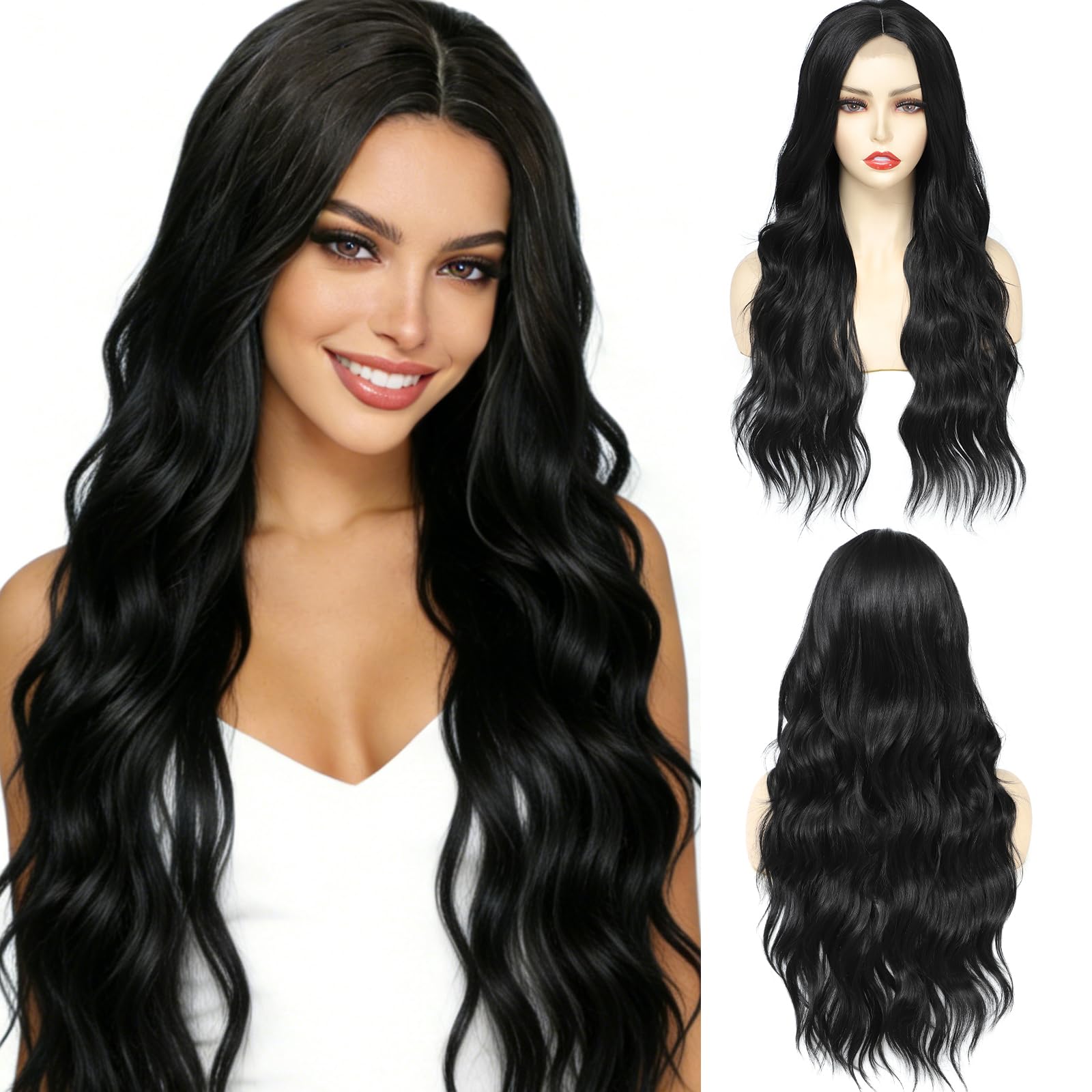 Yamel Hair Wigs Long Black Wig Synthetic Natural Long Hair Wig 26 Inch Adjustable Curly Wavy Middle Part Lace Front Wigs for Women Lady โ image 1