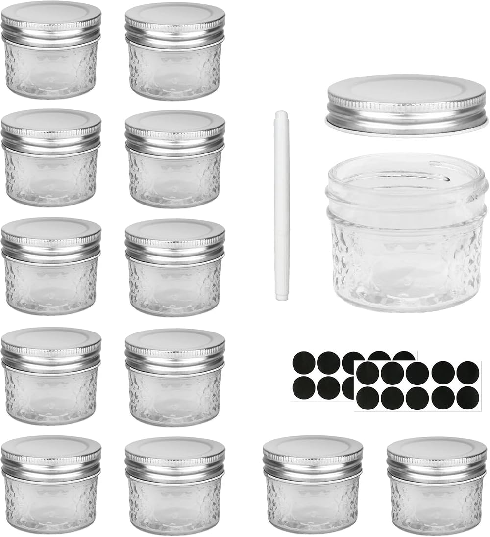 Hniuyun Glass Regular Mouth Mason Jars 120ml 12Pcs with Silver Lids Clear