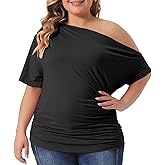 Agnes Orinda Plus Size Tops for Women One Shoulder Short Sleeve Ruched Basic Blouses Summer Tee Tops