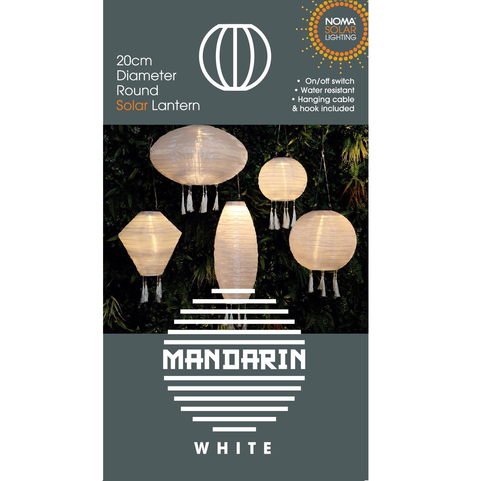 NOMA White Solar Mandarin Lantern, Round with Tassels, 20 cm