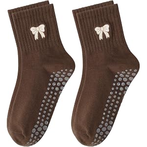 FIYIGO Women's Pilates Grip Socks, Bow Embroidery Grippy Non Slip Yoga Sock | Mid Crew Length, Soft Cotton, Arch Support, Bow