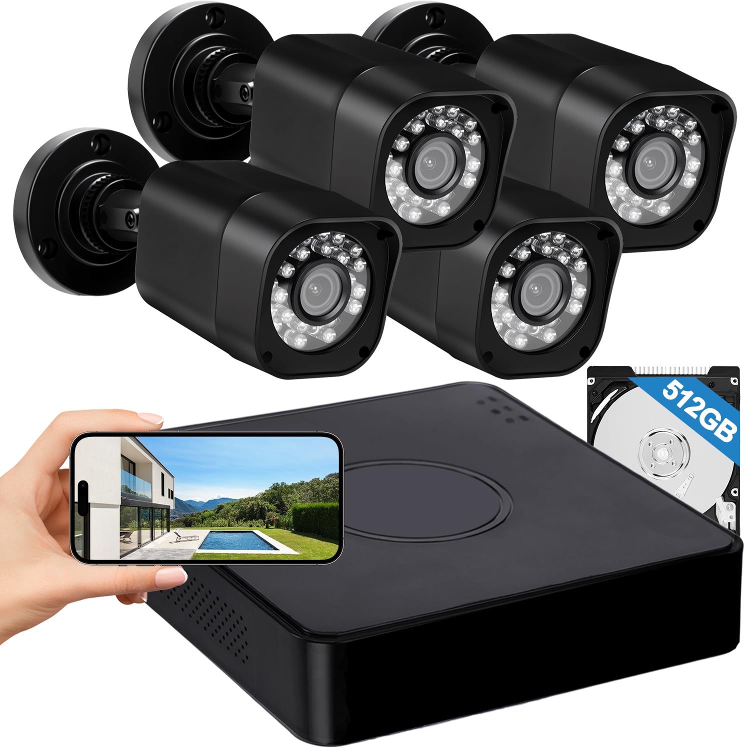 Photo 1 of 4CH 1080P Wired Security Camera System, AIWIXEN CCTV DVR with 512GB Hard Drive, 4 x Home Surveillance IP68 Waterproof Security Cameras with Human Vehicle Detection, Remote Access, 24-7 Recording