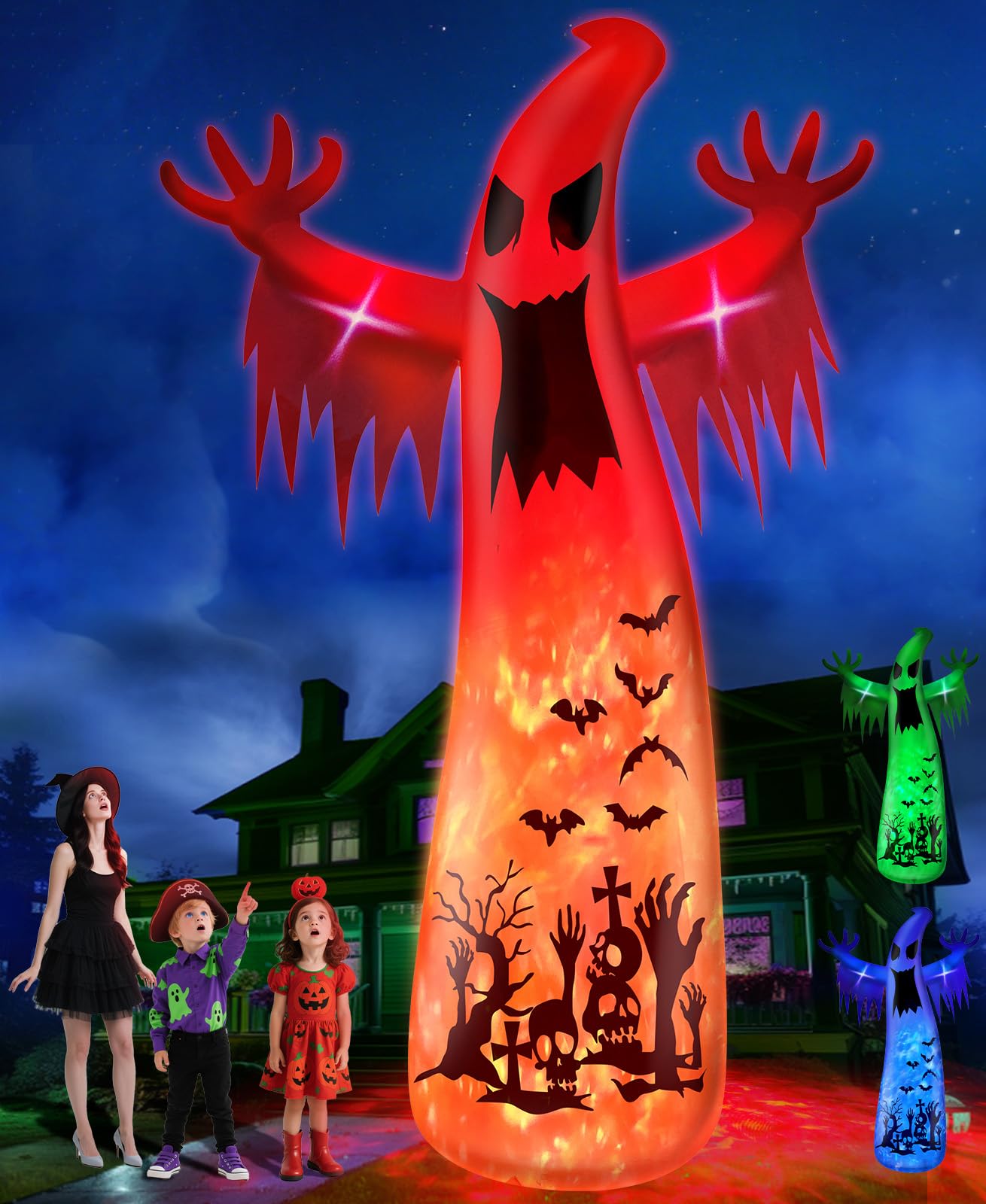 Photo 1 of 14 Ft Giant Halloween Inflatable Ghost Decorations Outdoor with 3 Colored Rotating Flame LED Changing Red Blue Green Lights, Scary Ghosts Blow Up Halloween Decor for Garden Yard Lawn Holiday Party