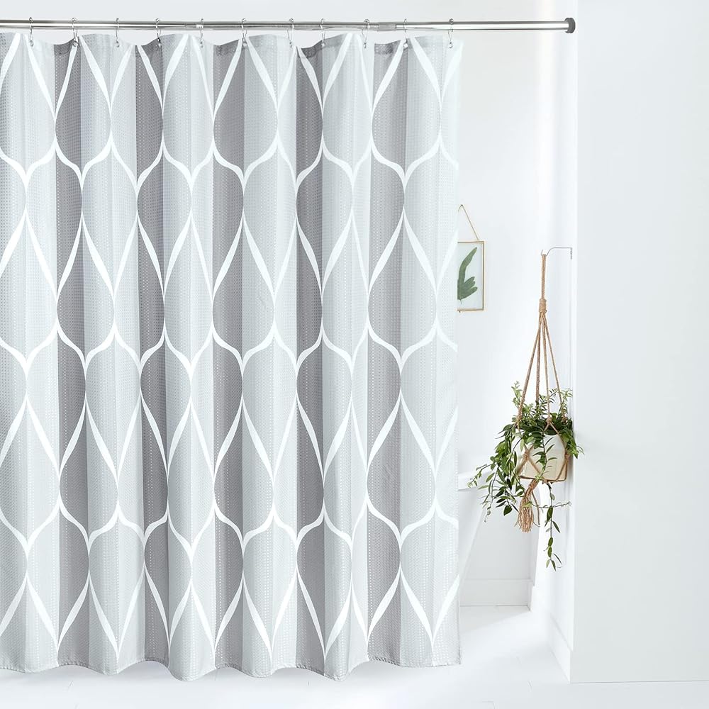 Geometric Shower Curtain 182x182cm Grey With Metal Hooks