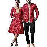 MaxPick African Matching Outfit for Couples Women Appliques Print Dresses Bazin Riche Men Ankara Top Shirt and Pant Sets