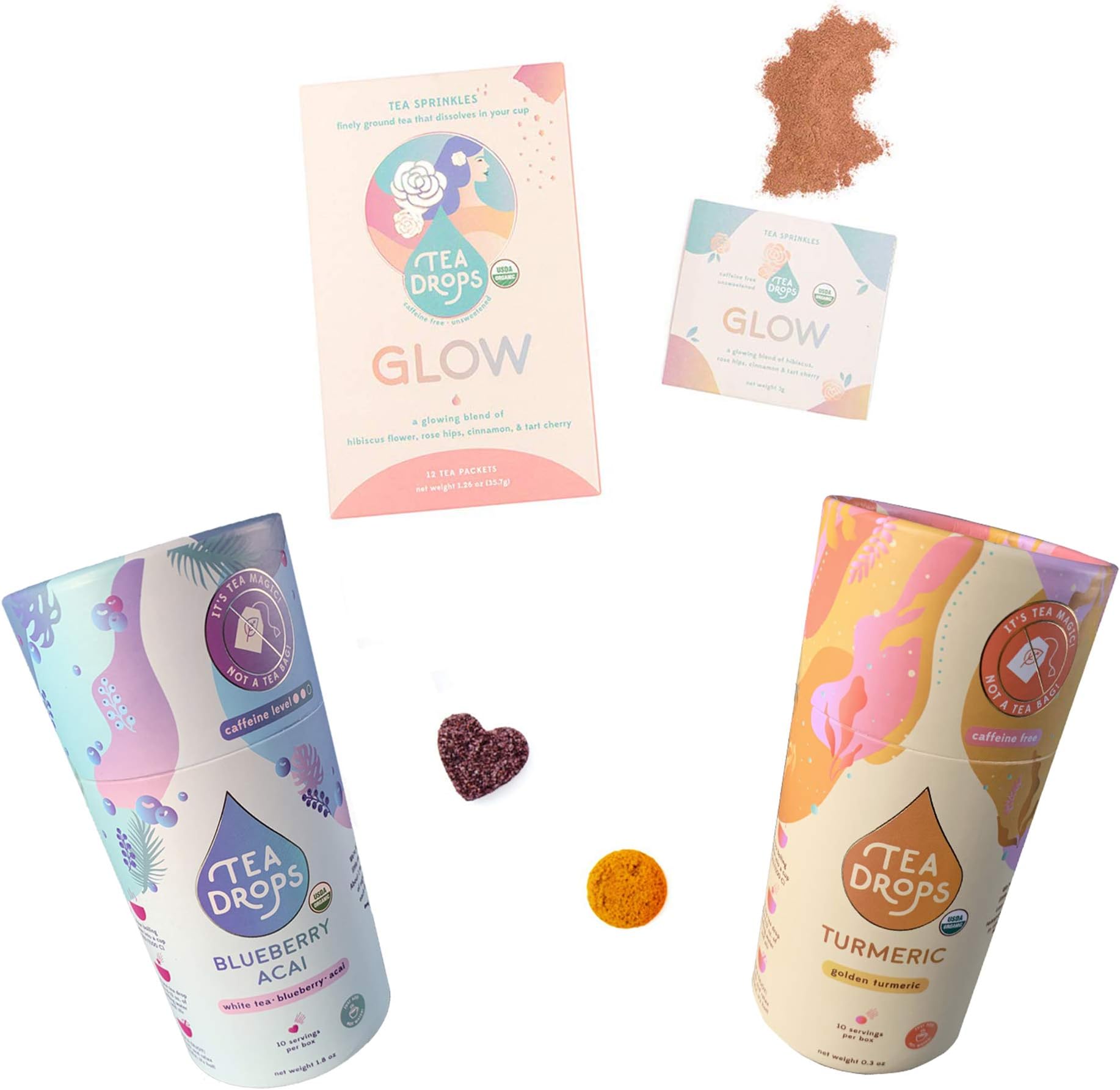 Tea Drops Get Glowing Radiant Tea Bundle | 12 Unsweetened Glow Tea Sprinkles Packets, 10 Turmeric Loose Leaf Tea Drops, 10 Blueberry Acai White Tea Drops | Delicious as Hot or Iced Tea | 32 Servings