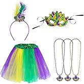 Rthjsfj 6 Pack Mardi Gras Costume Accessories Tutu Skirt Feather Headband Mask and Beads Necklaces for Carnival Parade Celebration Party