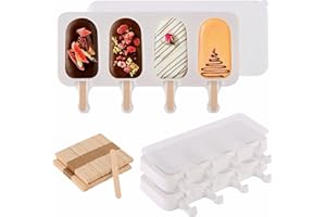 3 Set Popsicles Molds with Lids and 100 Pcs Wooden Popsicles Sticks, Standard Size 4 Cavities Silicone Ice Pop Molds for Maki
