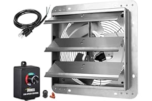iPower 12 Inch Wall Mounted Shutter Exhaust Fan with Speed Controller and Power Cord Kit, Aluminum, 1600 RPM, 940 CFM, for Attic, Garage, Louvered Vent, Plant, Greenhouse, Silver