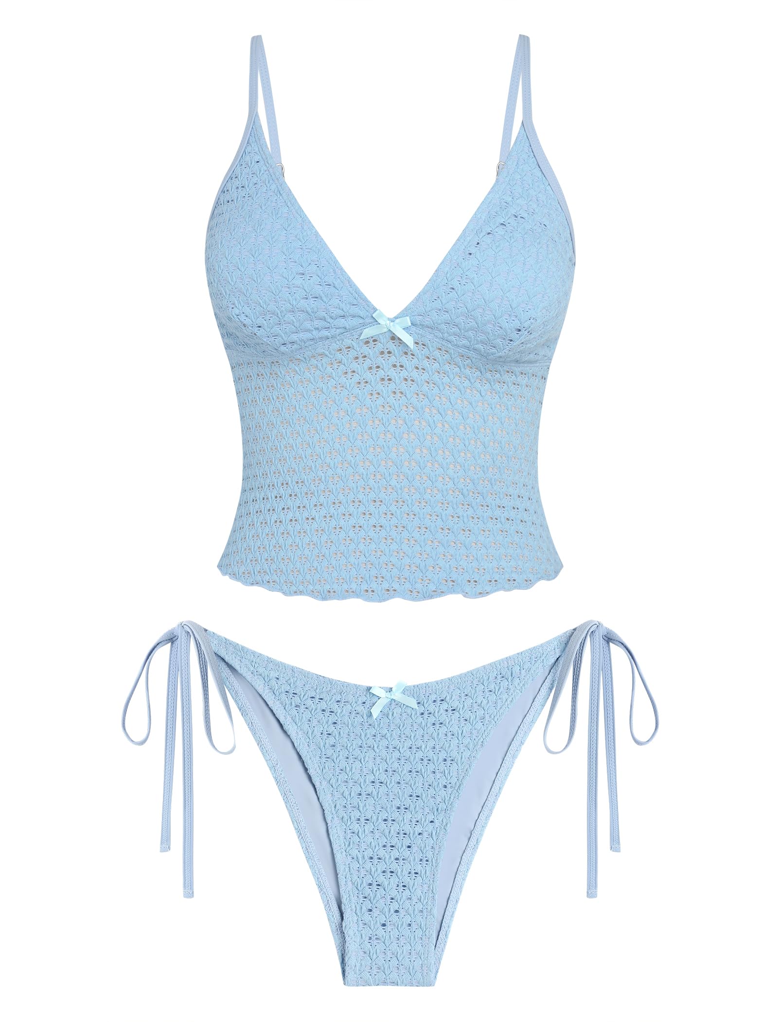 Photo 1 of ZAFUL Tankini Swimsuits for Women Lace Jacquard Bowknot Decor Tummy Control High Cut Tanga Tankini Set(A-Sky Blue, M)