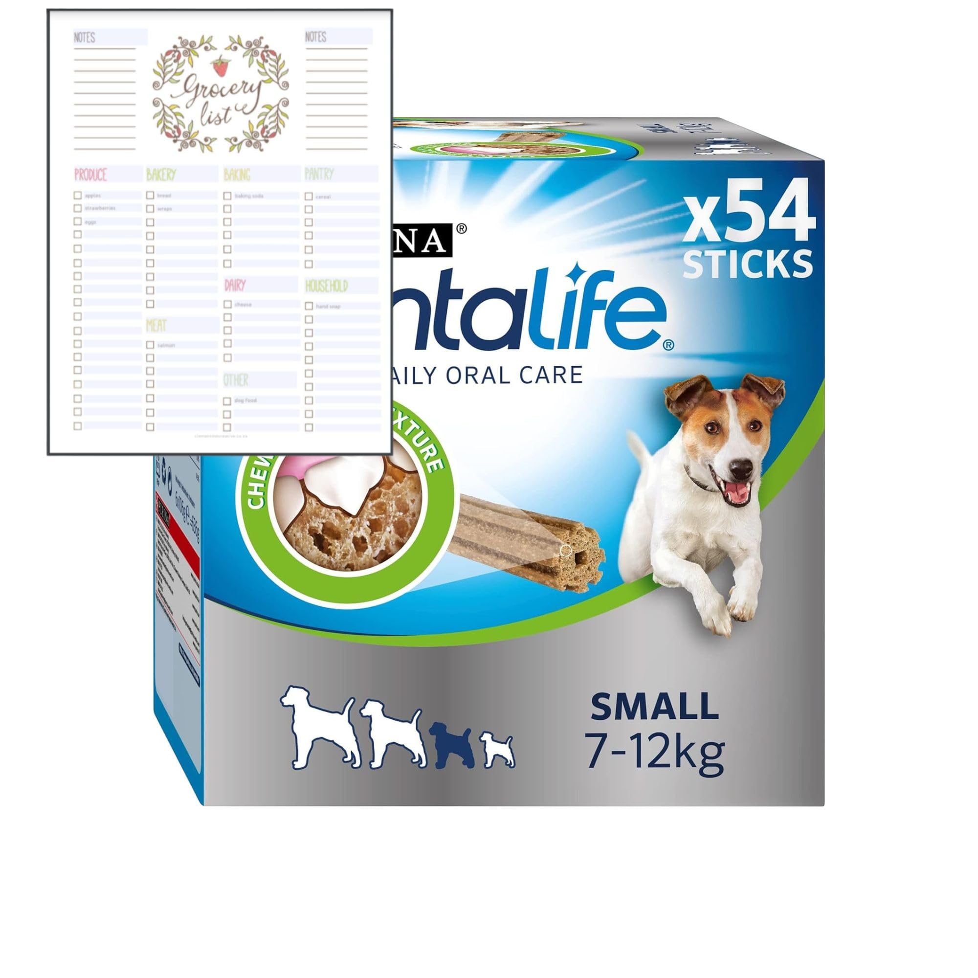 Dental Dog Treats Bundle which Contains Dentalife Dental Chews For Small Dogs - Pack of 54 with Grocery List Card