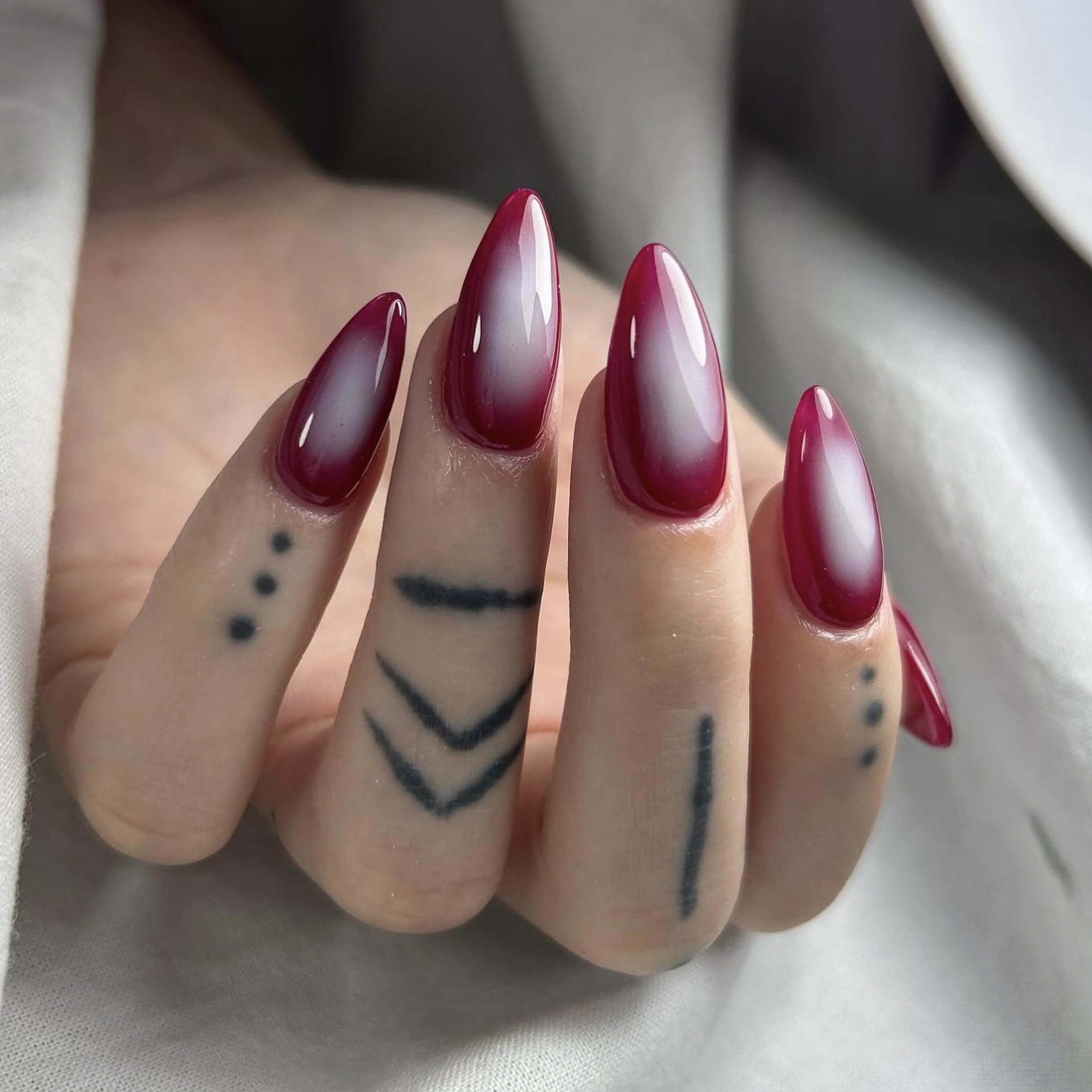 MERVF Almond Press on Nails Medium Fake Nails Aura Rose Red Stiletto Glue on Nails Gradient Press ons with Goth Design Acrylic Nails 24pcs Glossy - Image 2