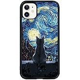 Black Cute Cat iPhone 11 Case - 6.1 Inch Van Gogh Cute Cat iPhone Case, Non-Slip Pattern Design and Shock Absorption, Soft Silica Gel Frame Support Black Phone Case for Teen Girls and Sisters