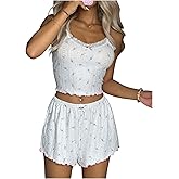 SHENHE Women's 2 Piece Floral Pajama Set Lace Lettuce Trim Bow Cami Top and Shorts Sleepwear