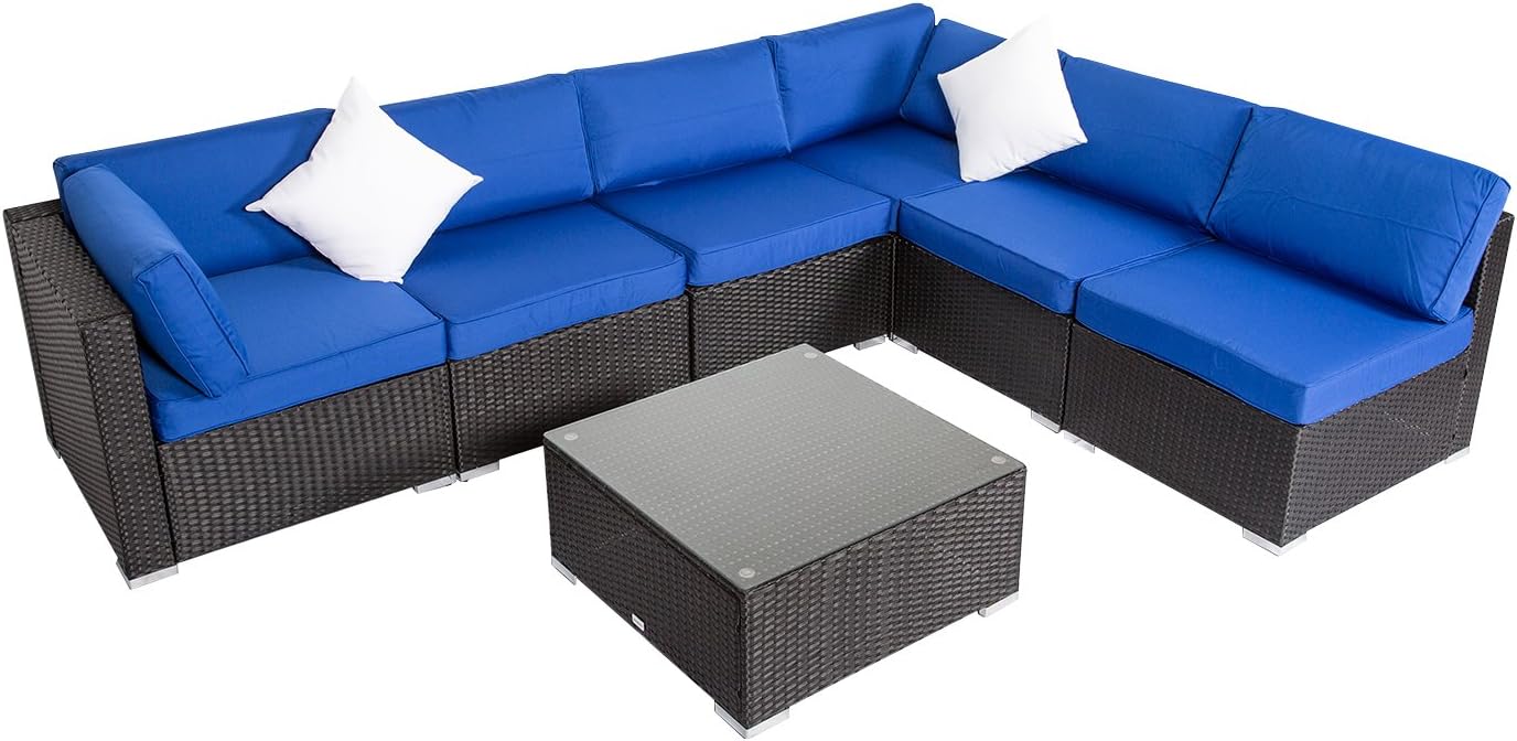 Kinbor 7 Pieces Patio Furniture Sets All-Weather Outdoor Sectional Sofa Manual Weaving Wicker Rattan Patio Conversation Set with Cushion and Glass Table