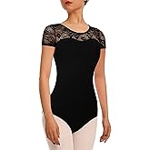 Women Ballet Lace Short Sleeve Dance Leotard Tank, Hollow Back Dancewear