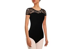 WYHDY Women Ballet Lace Short Sleeve Dance Leotard Tank, Hollow Back Dancewear