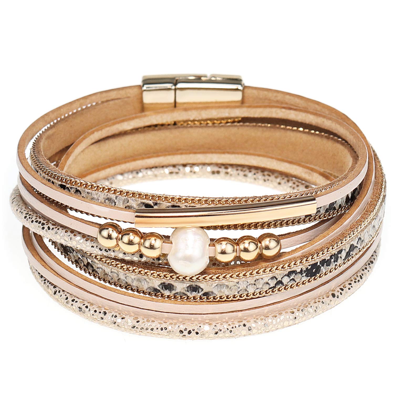 Gleamart Leather Cuff Bangle Boho Magnetic Buckle Pearl Bead Multilayer Wrap Bracelet for Women Khaki