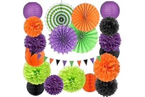 Black Purple Orange-Green Halloween Party-Decorations - 20pcs Paper Lanterns Fans,Tissue Pom Poms,Honeycomb Balls,Hotel Transylvania Hocus Pocus Birthday Baby Bridal Shower Wedding Decor Burgleda