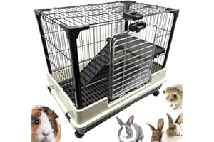 MCAGE Deluxe 2-Level in/Outdoor Rabbit Hutch Cage for Ferret Squirrel Chinchilla Paw Safe Solid Platform Ramp Mesh Floor Pull Out Leakproof Easy Clean 2-Inch Deep Tray Large Access Doors Lockable Casters