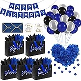 Epoesch 5 Senses Gift Bags for Him with Labels & Tissue Paper | Happy Birthday Decorations Kit with Banner, Balloons, Rose Petals, Envelope, Card for Men, Boyfriend, Husband(Black - Blue lettering)