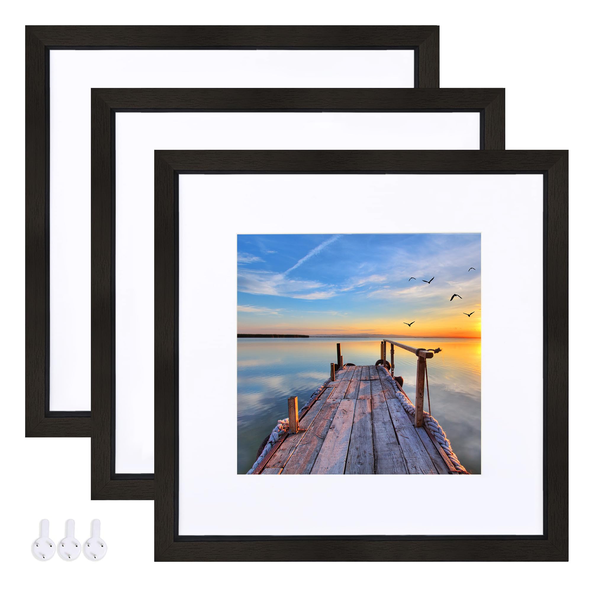 Photo 1 of Hongkee 12x12 Black Picture Frame set of 3, Made of Glass and Wooden Square Photo frame - Displays Picture 8x8 With Mat or 12 x 12 Without Mat, Desktop & Wall Collage Photo Frame