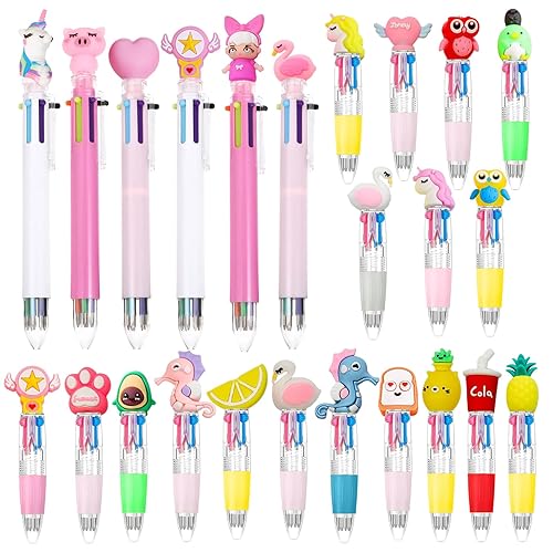Kighdel 24Pcs Multi Coloured Pens All in One Include 18 Pcs 4 in 1 Mini Kawaii Ballpoint and 6 Pcs 6 in 1 Colored Cute Retractable Pens Party Bag Pen for Office School Supplies