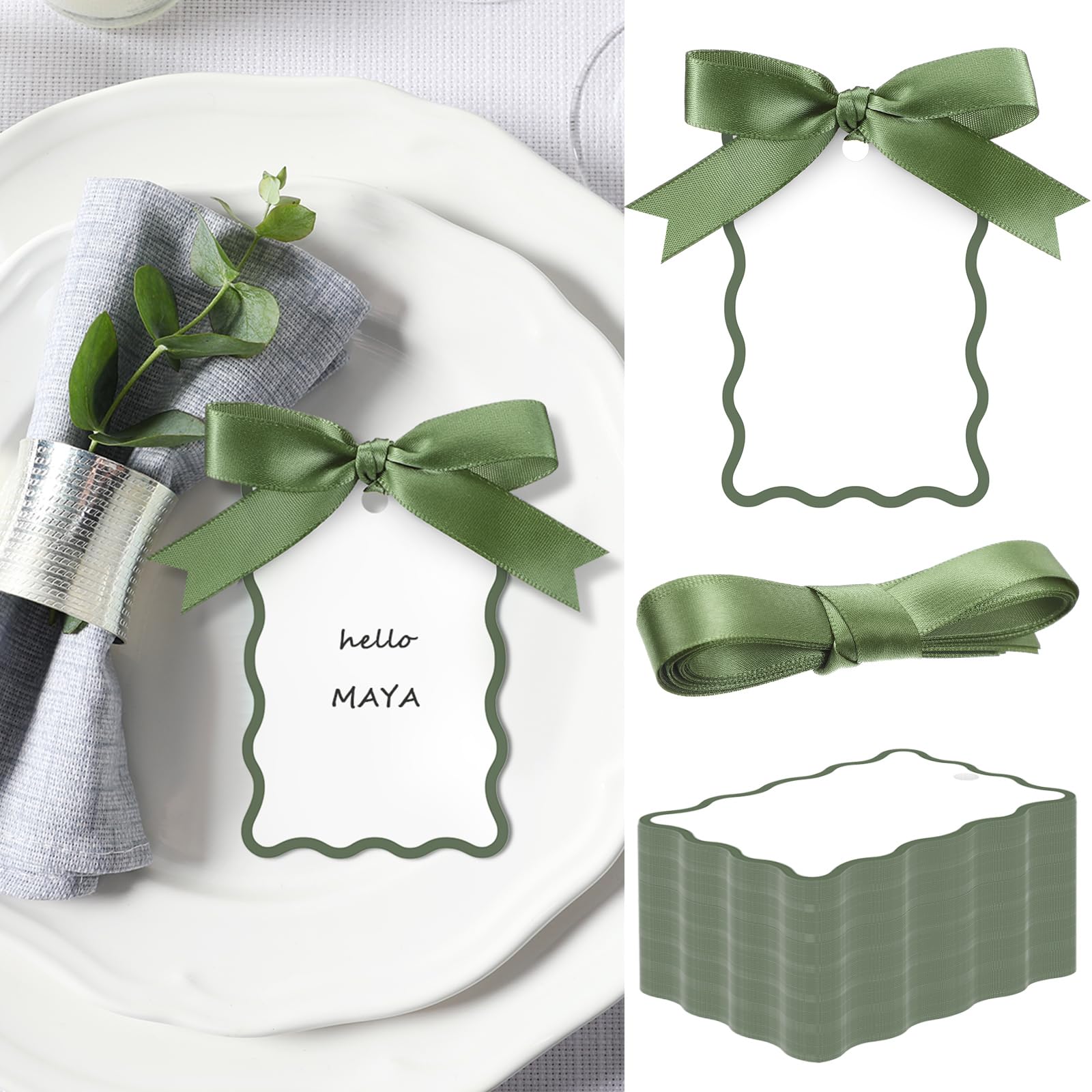 Photo 1 of MotiMind 200 Pcs Scallop Name Place Cards for Table Setting DIY Wedding Placecards with Ribbon Include 100 Name Table Cards and 100 Ribbon for Weddings Party Celebrations Supplies(Sage Green)