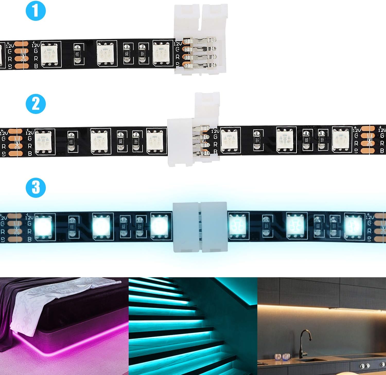 10Packs 4-Pin RGB LED Light Strip Connectors 10mm Unwired Gapless Solderless Adapter Terminal Extension for SMD 5050 Multicolor LED Strip (10Pack 4PIN RGB Connector) - - 