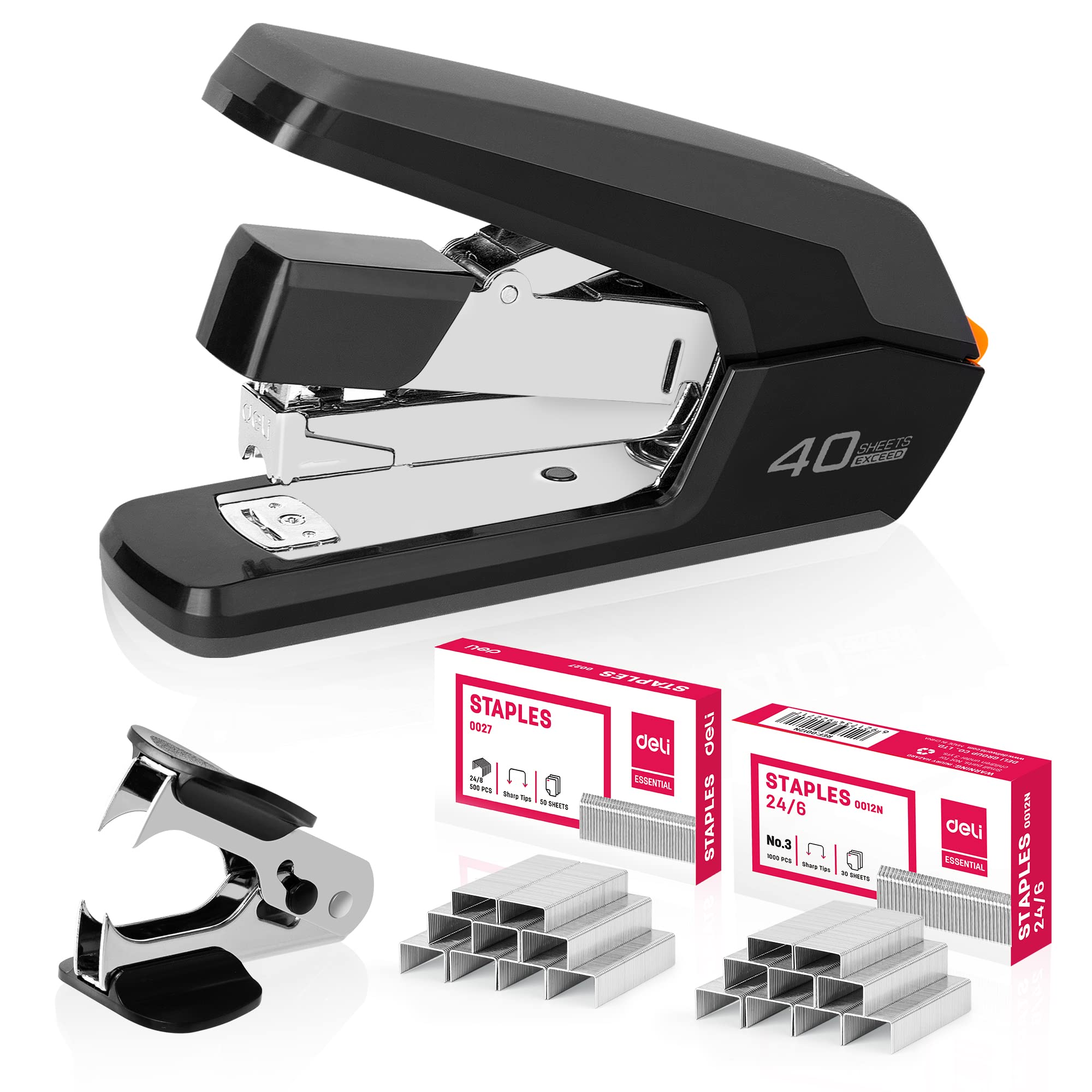 Deli Effortless Desktop Stapler, Heavy Duty Stapler, 40-50 Sheet Capacity, One Finger, No Effort, Includes Staples & Staple Remover, Black