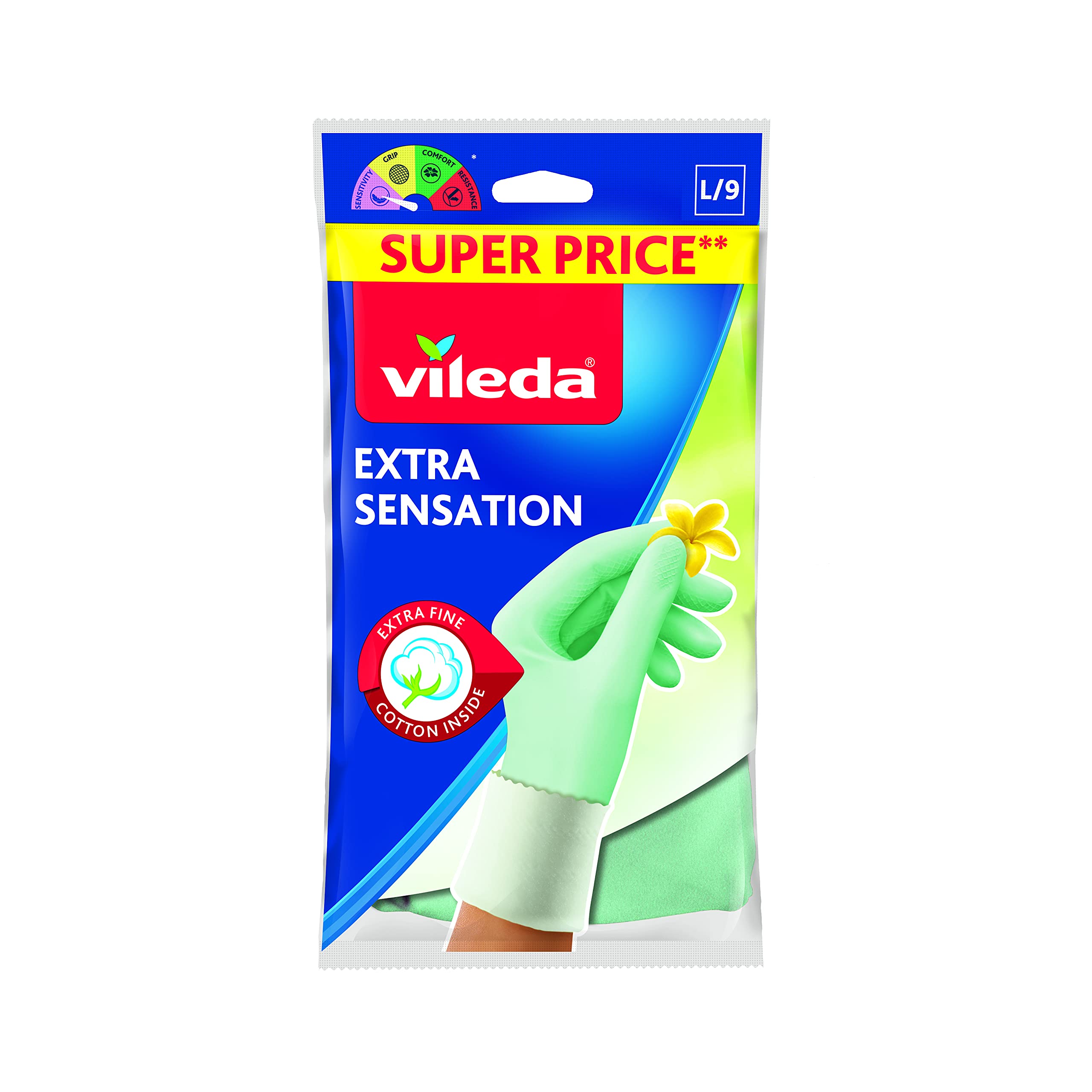 Vileda Extra Sensation Latex Gloves with Cotton Inner Lining, Maximum Touch Sensitivity, Suitable for Delicate Housework, Slim Fit, 3 Sizes S-M-L, Pack of 3