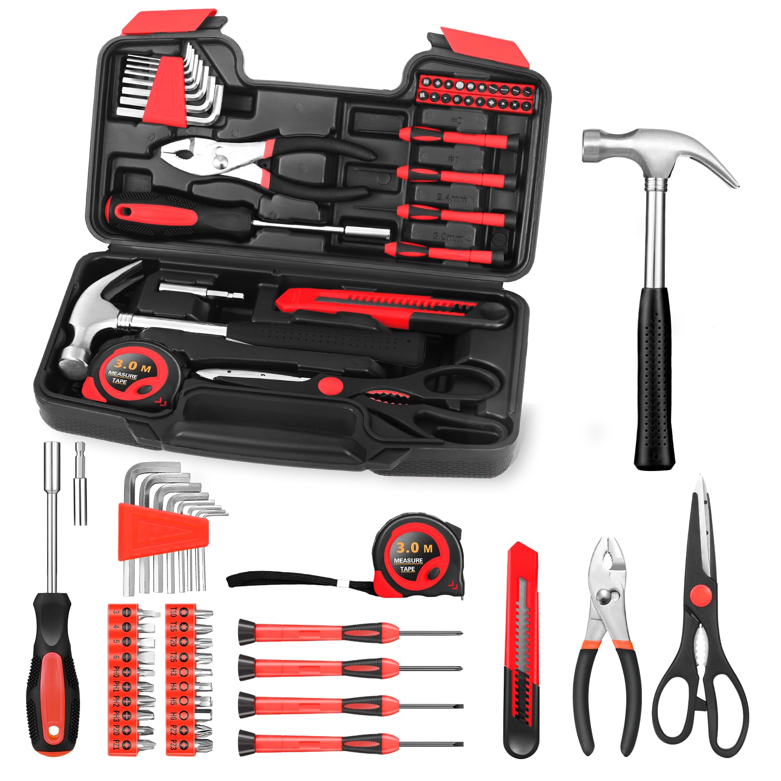 Photo 1 of 39-Piece Household Tool Set with Toolbox Storage Case - All Purpose Small Hand Tool Kit Includes Essential Tools for Home, Office, College Repairs, Red