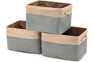 EZOWare Set of 3 Canvas Fabric Tweed Storage Organizer Cube Set W/Handles for Nursery Kids Toddlers Nursery Room - 15 L x 10.5 W x 9.4 H -Gray/Brown