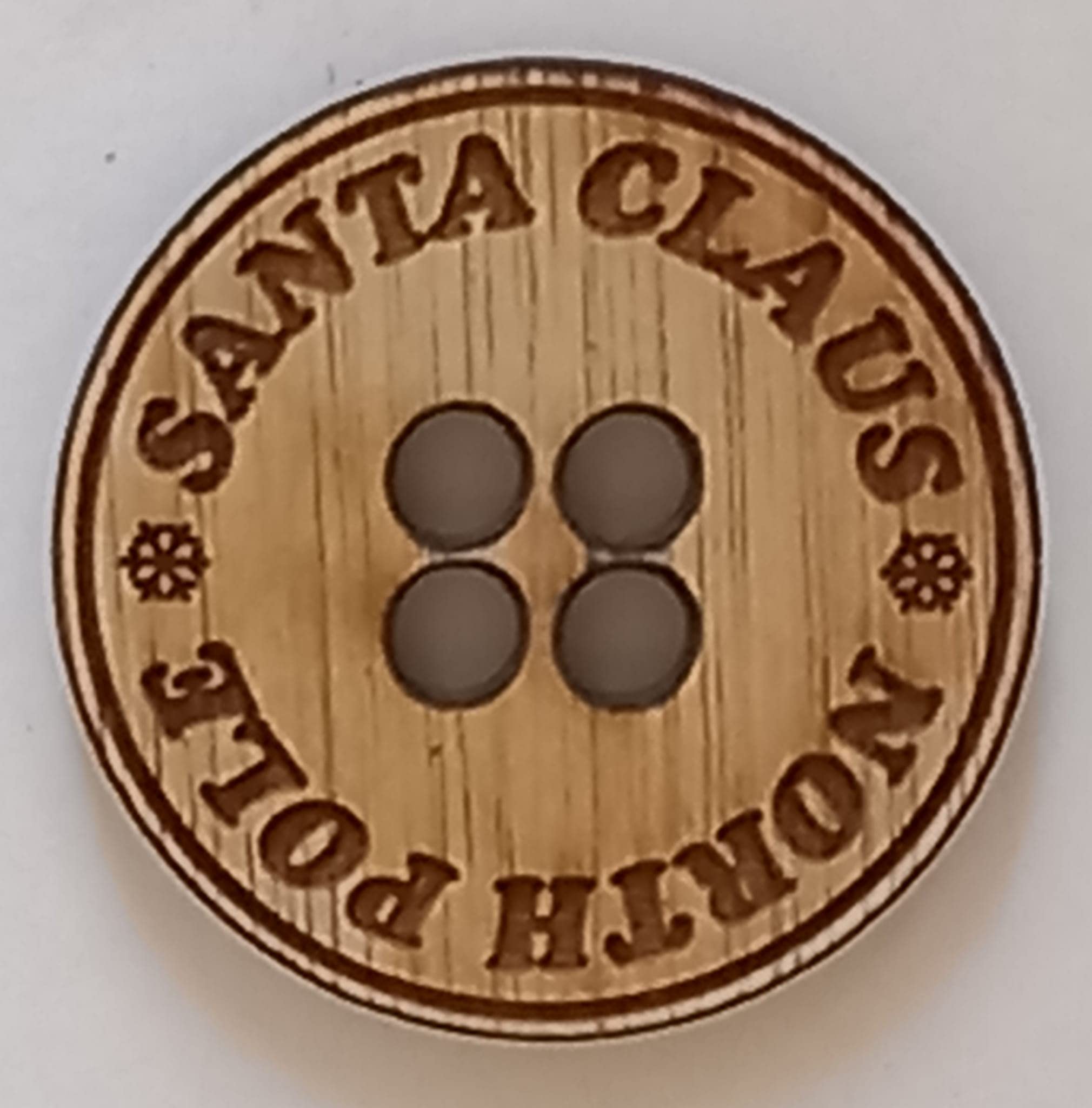 25 x Santa's wooden lost buttons for craft sewing 30 mm across 3 mm thick 'Santa Clause North Pole'