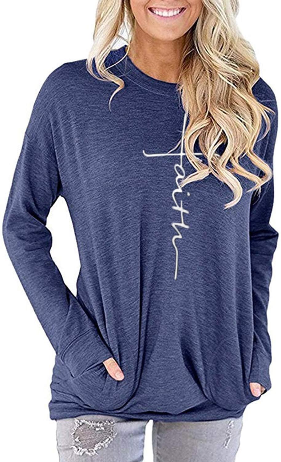 Women's Casual Faith Printed Round Neck Sweatshirt T-Shirts Tops Blouse with Pocket